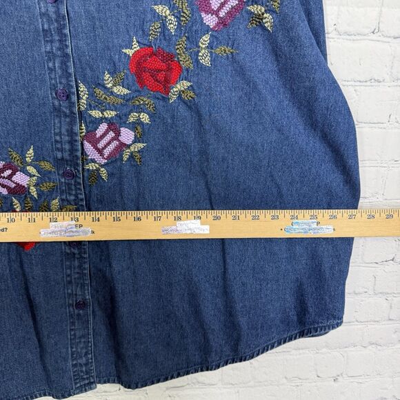 Vintage 90s Y2K Blouse Women Plus 2X Blue Denim Chambray Floral Embroidered Top - Picture 10 of 13